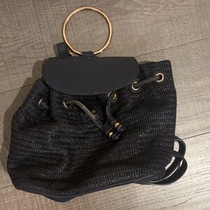 Navy Blue Woven Handbag with Gold Accents